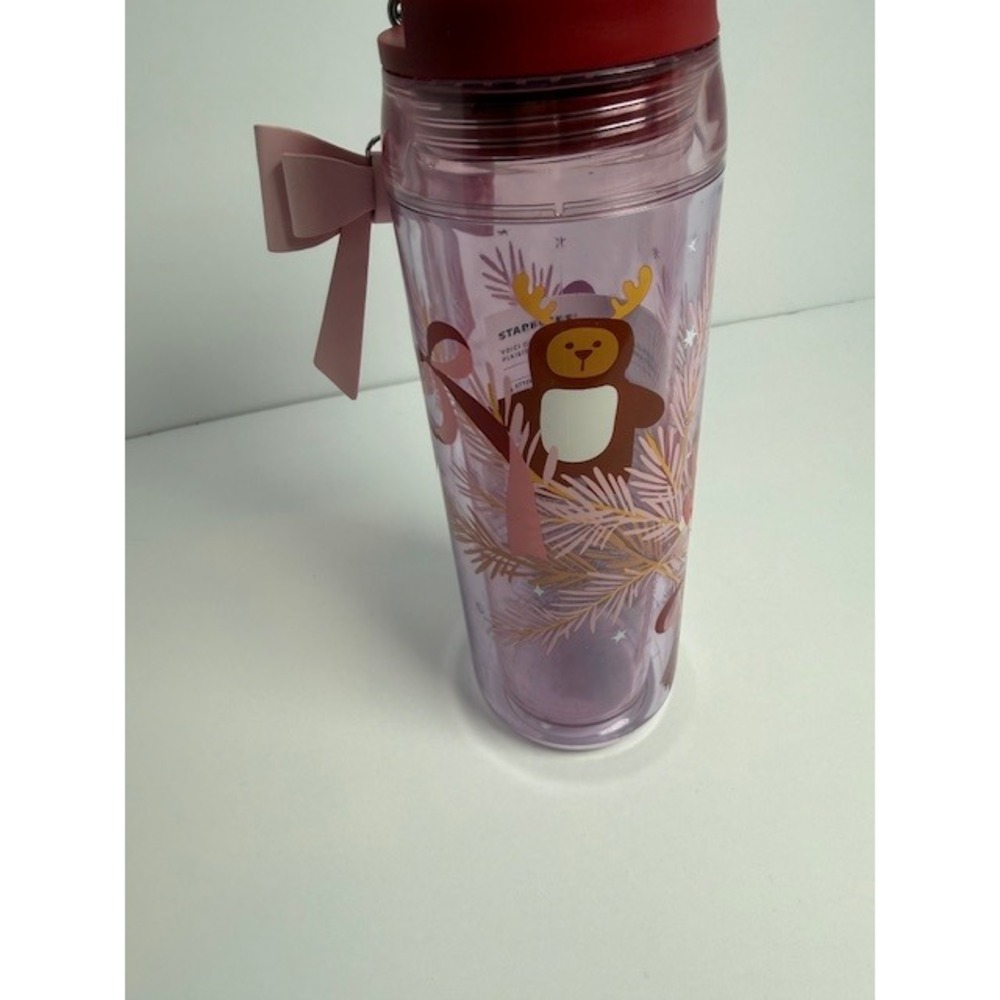 Starbucks 2025 Holiday Bearista Reindeer Tumbler 16oz Pink Purple Bow Charm NEW - Picture 3 of 5